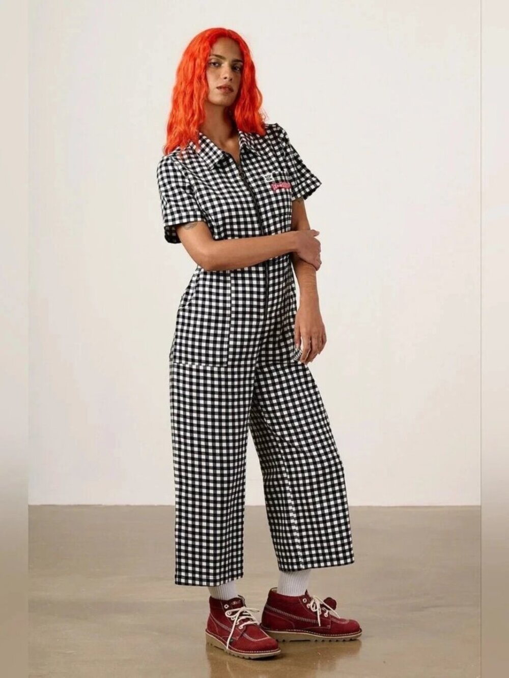 Lucy & Yak Ragan Jumpsuit Black & White Gingham Fish Embroidery UK20